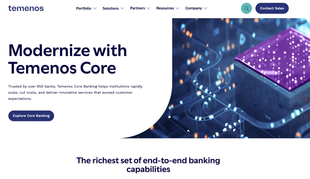 Alt Text: Temenos homepage hero section: "Modernize with Temenos Core." Text states that Temenos Core Banking is trusted by over 950 banks to rapidly scale, cut costs, and deliver innovative services. It includes an "Explore Core Banking" button.