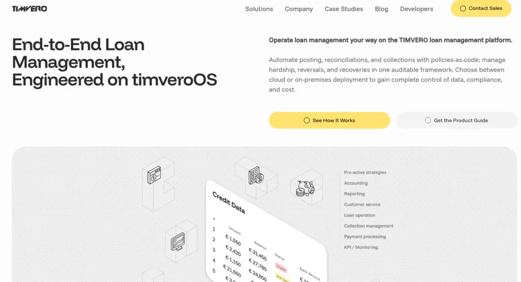 A webpage for TIMVERO showcasing their "timveroOS" loan management platform, featuring a graphic of credit data and "See How It Works" and "Contact Sales" buttons.