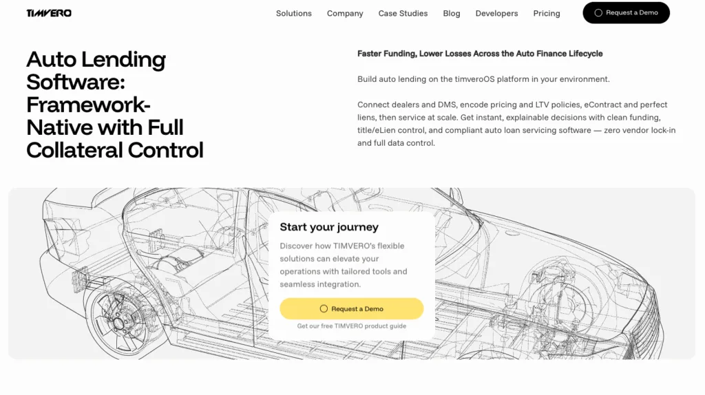 Timvero website screenshot for auto lending software with a technical wireframe car illustration and "full collateral control" text.