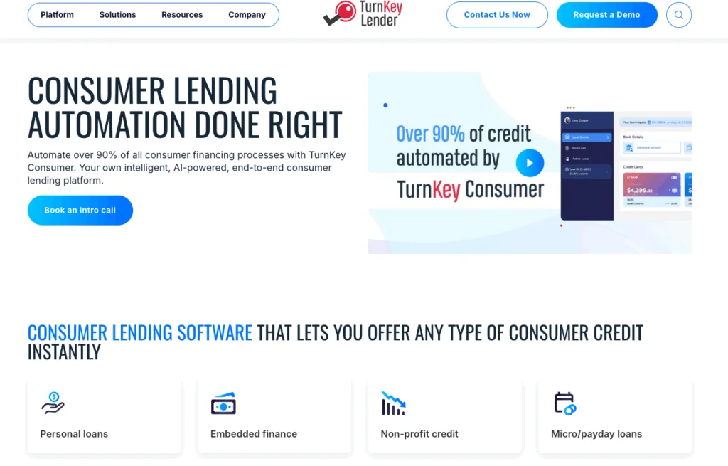 TurnKey Lender website screenshot promoting consumer lending automation with icons for personal loans and embedded finance.
