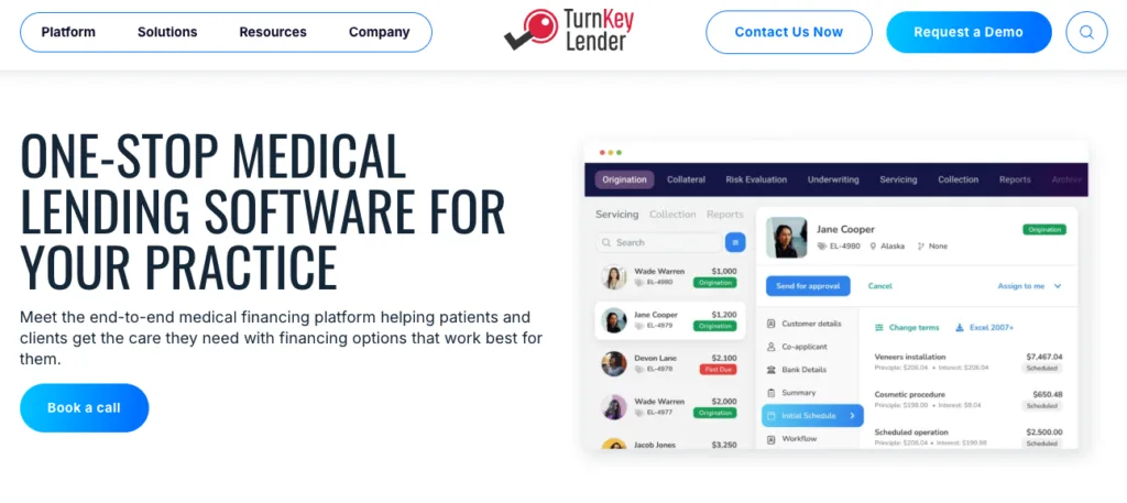  TurnKey Lender webpage for medical lending software, featuring a "Book a call" button and a preview of the digital loan management dashboard.