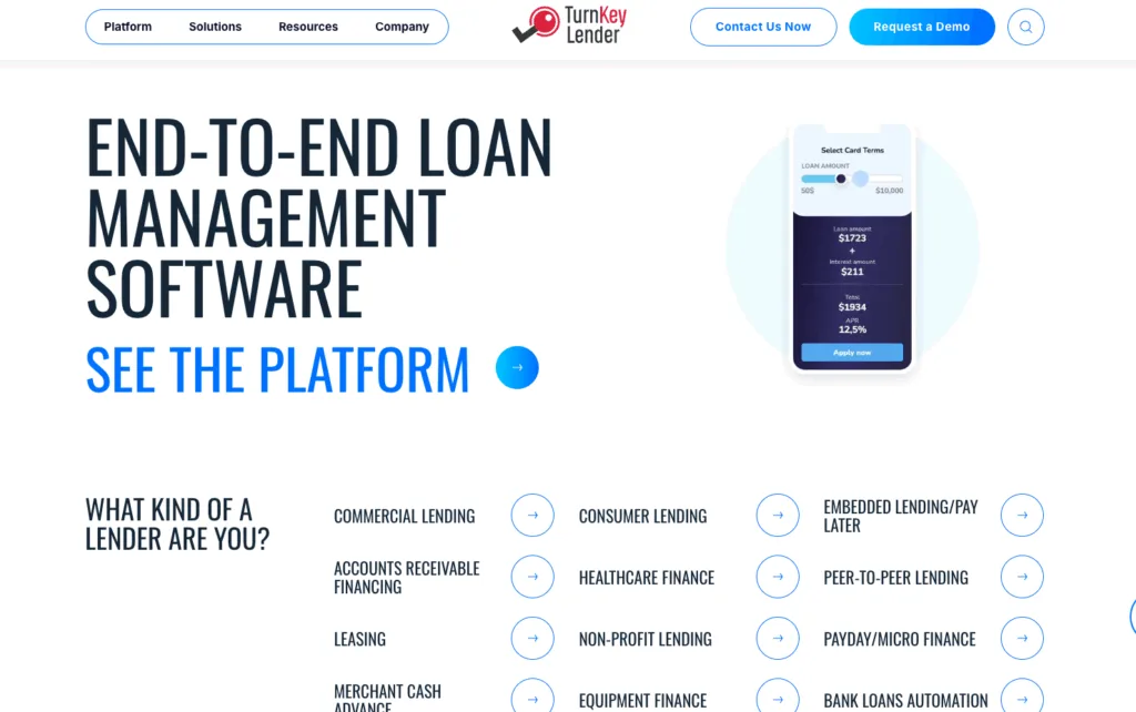 TurnKey Lender homepage promoting end-to-end loan management software platform solutions.