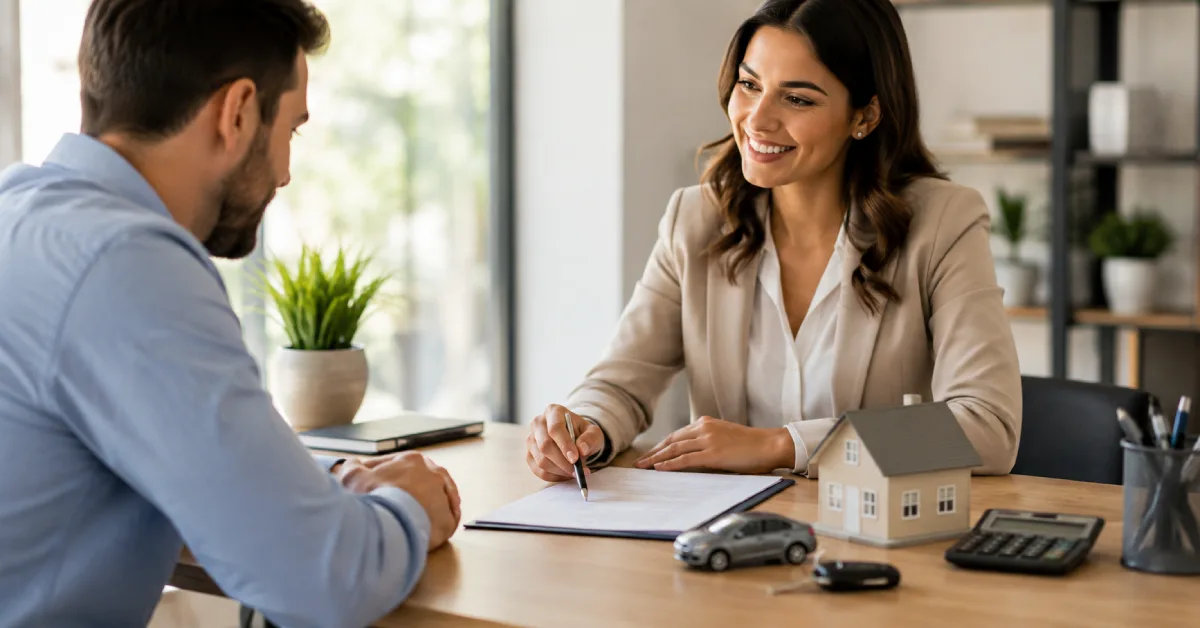 Loan officer and client review paperwork with a model house, car, and keys on desk. AI-generated.