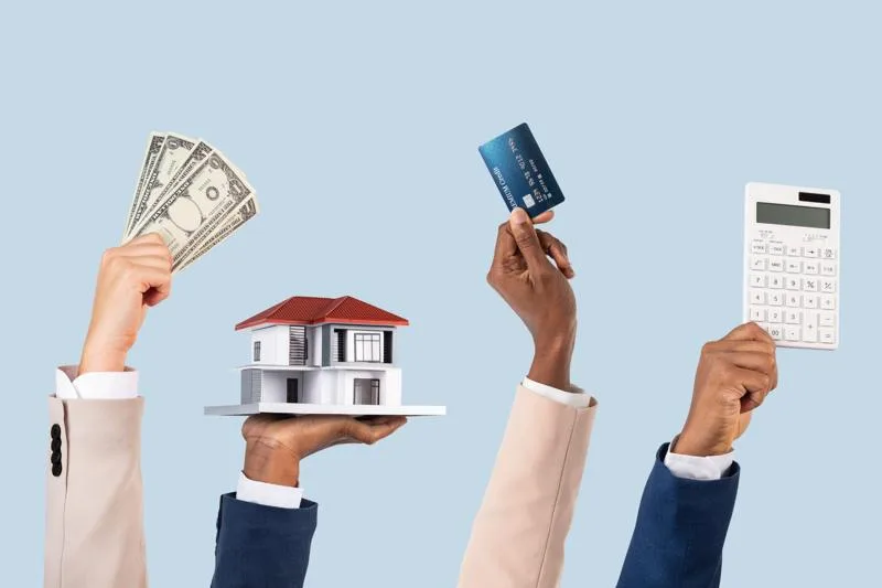 Hands holding money, house, credit card, and calculator representing the 3 Cs of credit