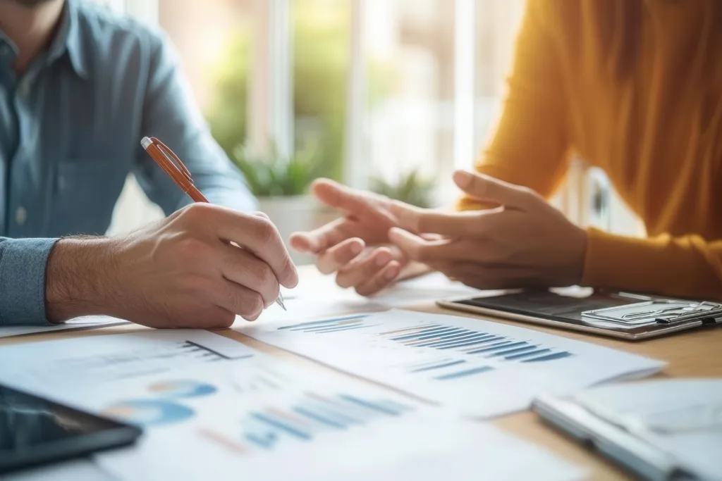 Two people reviewing financial documents during a business meeting.