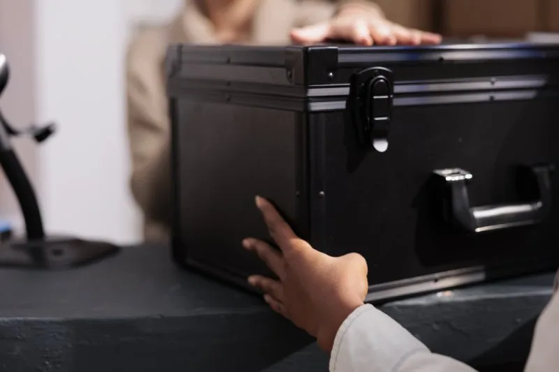 Bank employee exchanging a secure lockbox container, representing safe loan payment collection and remittance processing.